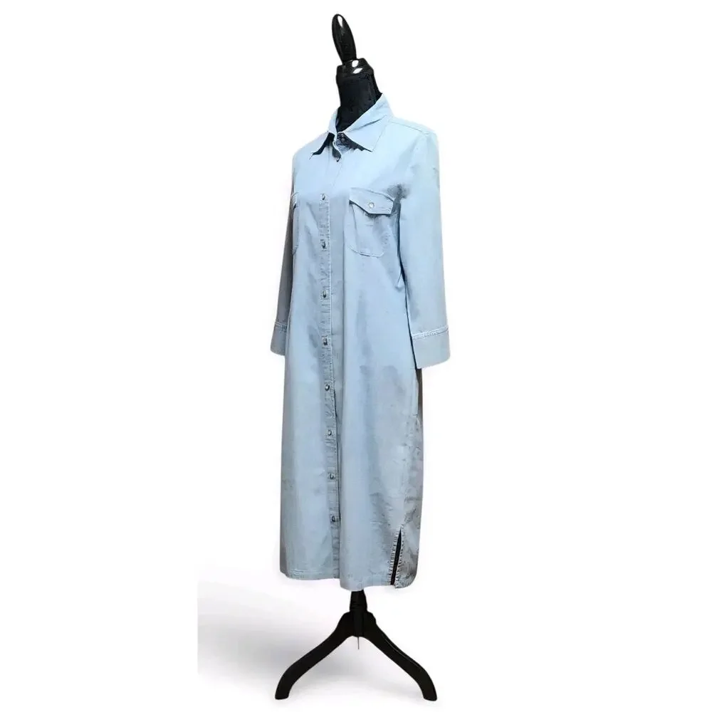 J Peterman Company Modest Size 12 Light Blue Cotton Button-Up Denim Shirt Dress - Picture 3 of 8